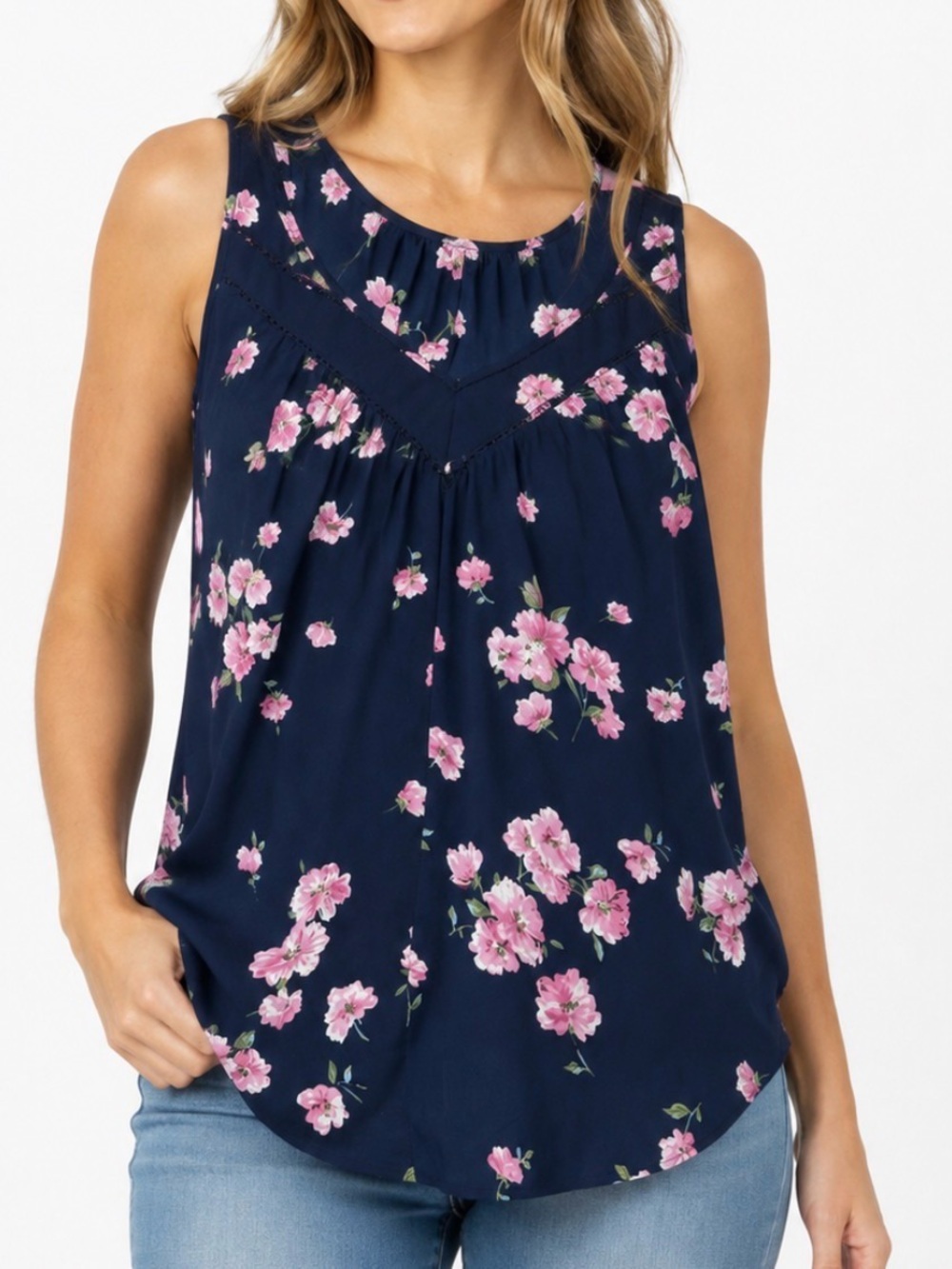 Sienna Sky Navy Floral Sleeveless Blouse with Pink Blooms lightweight SZ M